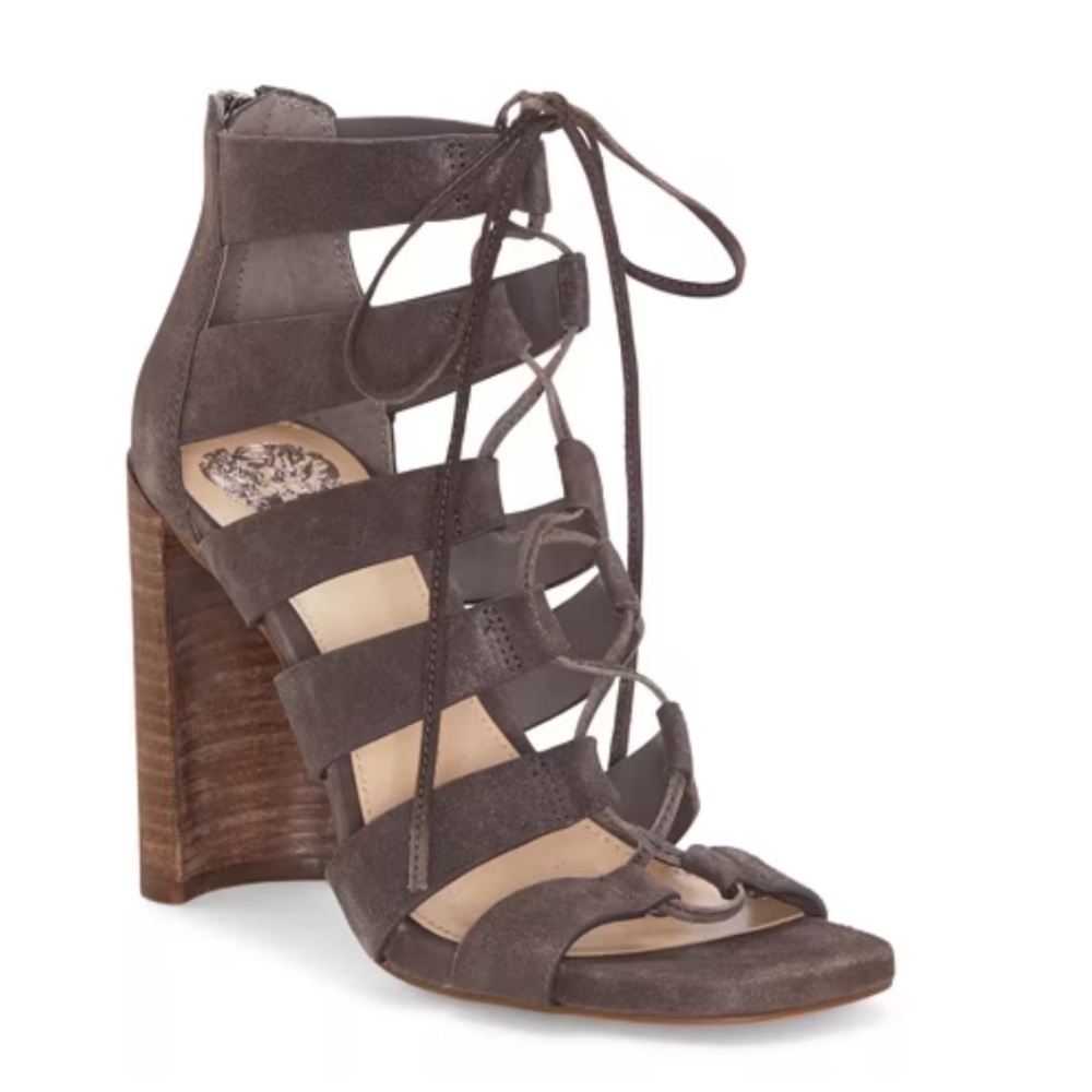 Vince Camuto Taupe Suede Lace-Up Block Heel Sandal